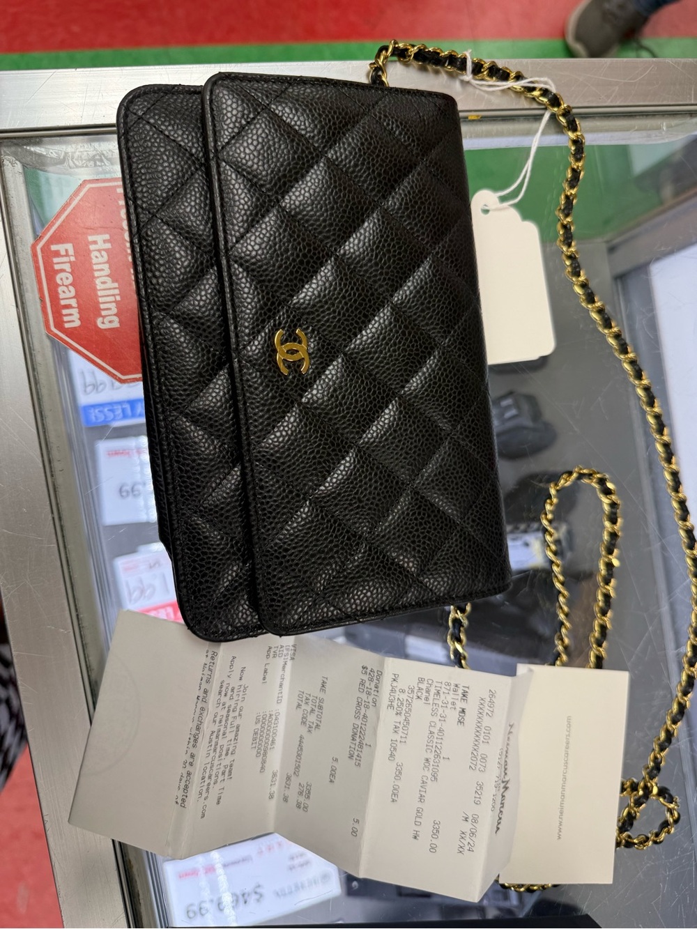 CHANEL Black Quilted Caviar Leather Wallet on Chain with Gold Purse authentic